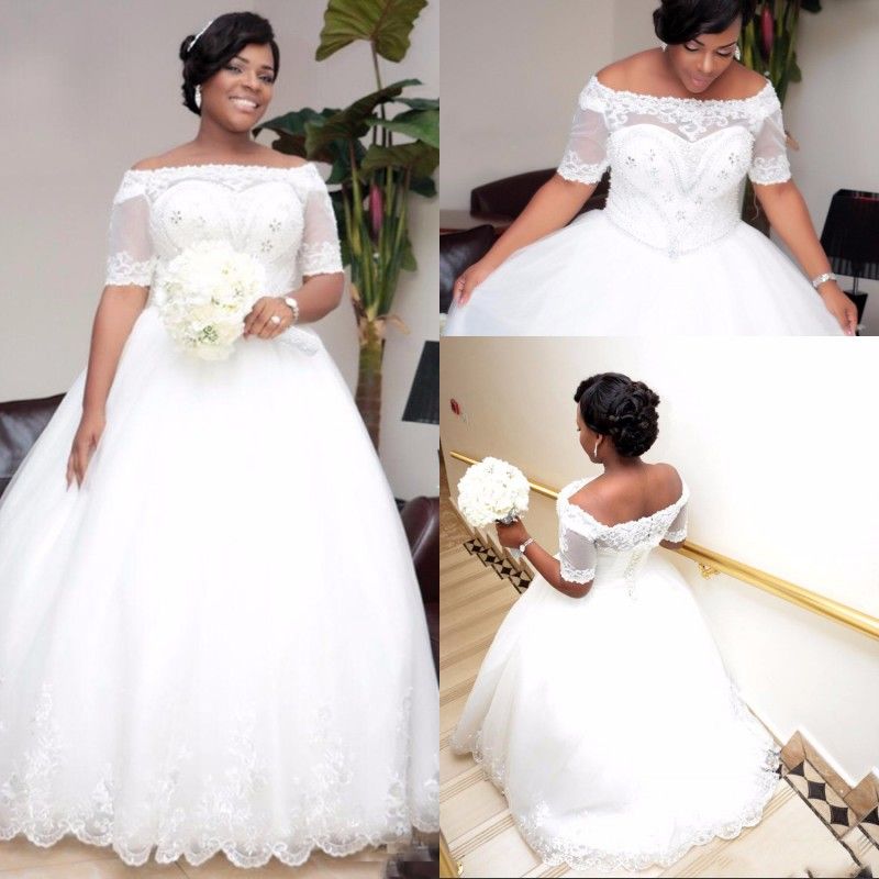 Discount Shinning Boat Neck Ball Gown Plus Size Wedding ...