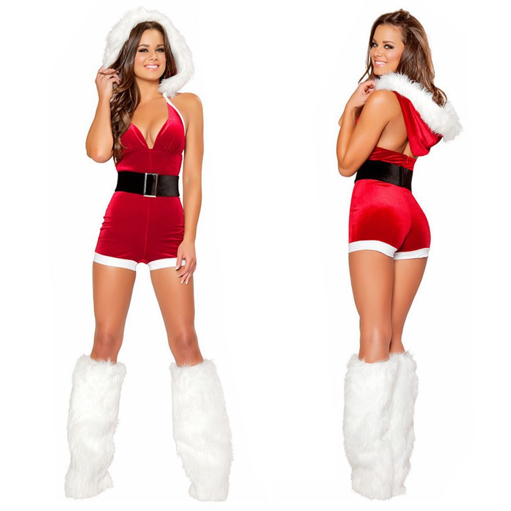 Sexy Red Christmas Bodysuit Backless Deep V Neck Jumpsuit Fancy Dress