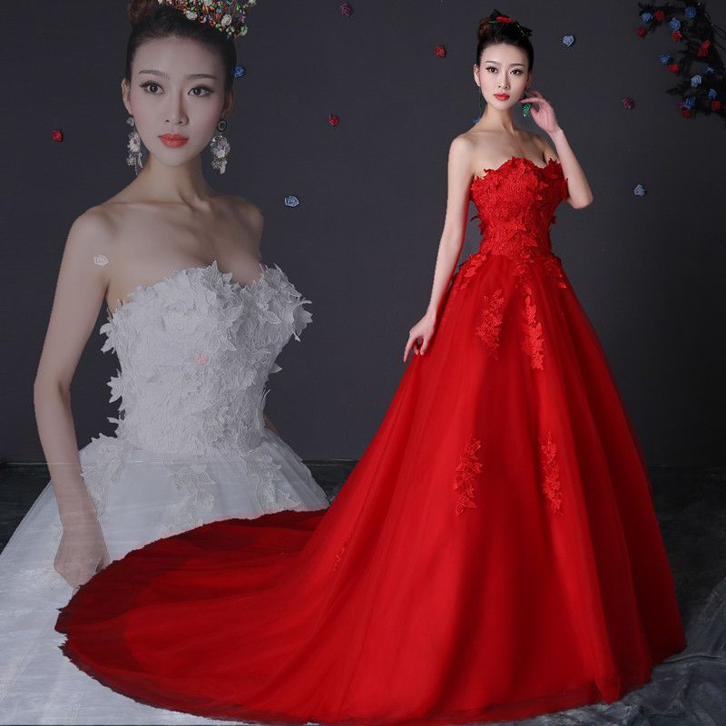 Sexy Red Wedding Dresses Applique Lace Tulle White Wedding Gowns Cheap