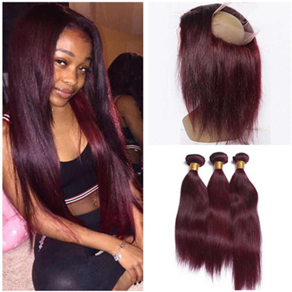 Silky Straight Wine Red Full Frontal 360 Band Lace Frontal Closure