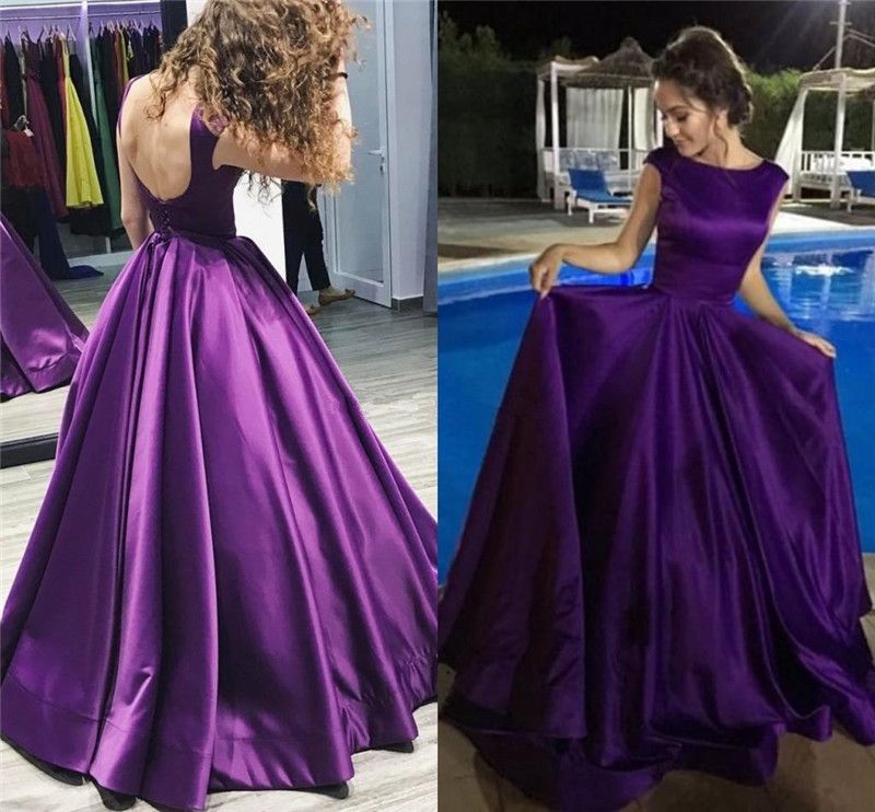 Purple Satin Ball Gown Prom Dresses 2019 Jewel Cap Sleeves