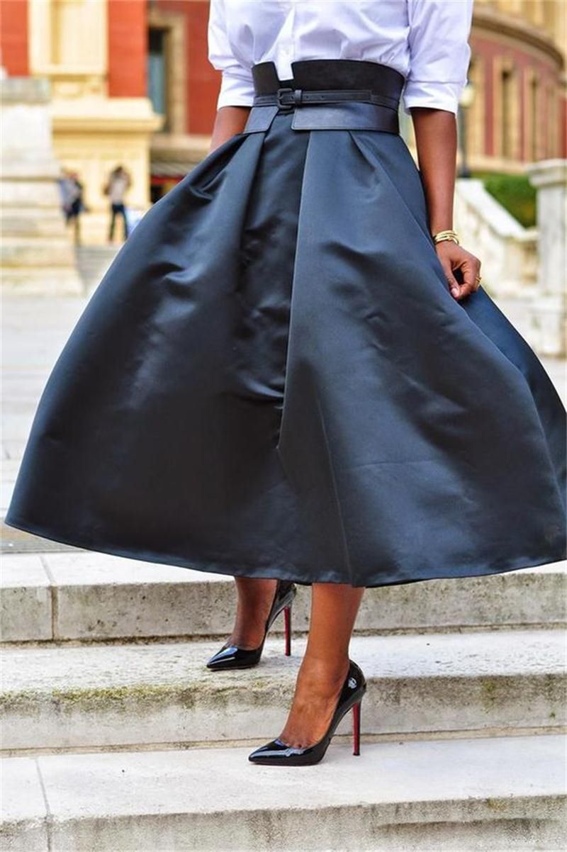 2021 Autumn Winter Women Skirts Tea Length Taffeta Black Skirt Without