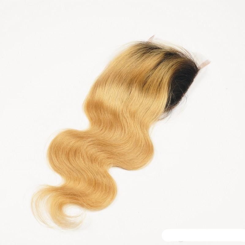 Ombre Saç Uzantıları # 1b 27 Bal Sarışın Ombre Koyu Kök Insan Saçı 3 Adet Dantel Kapatma Ile Iki Ton Vücut Dalga Saç Örgü Demetleri