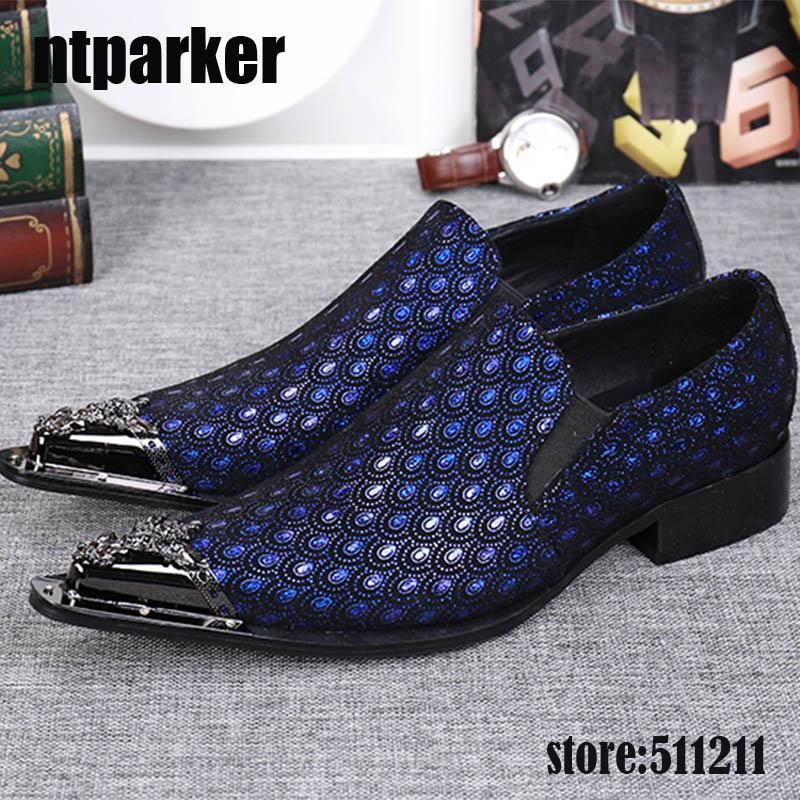 Western Fashion Pointed Metal Toe Dress Shoes Blue/Grey Party Wedding