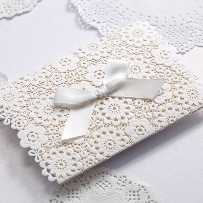Wholesale Lace Wedding Invitations Elegant Embossed White Ribbon