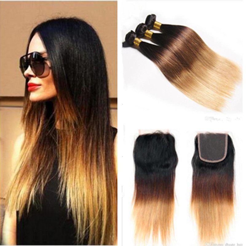 2019 3 Bundles With Closure 1b 4 27 Brazilian Human Hair 3 Tone