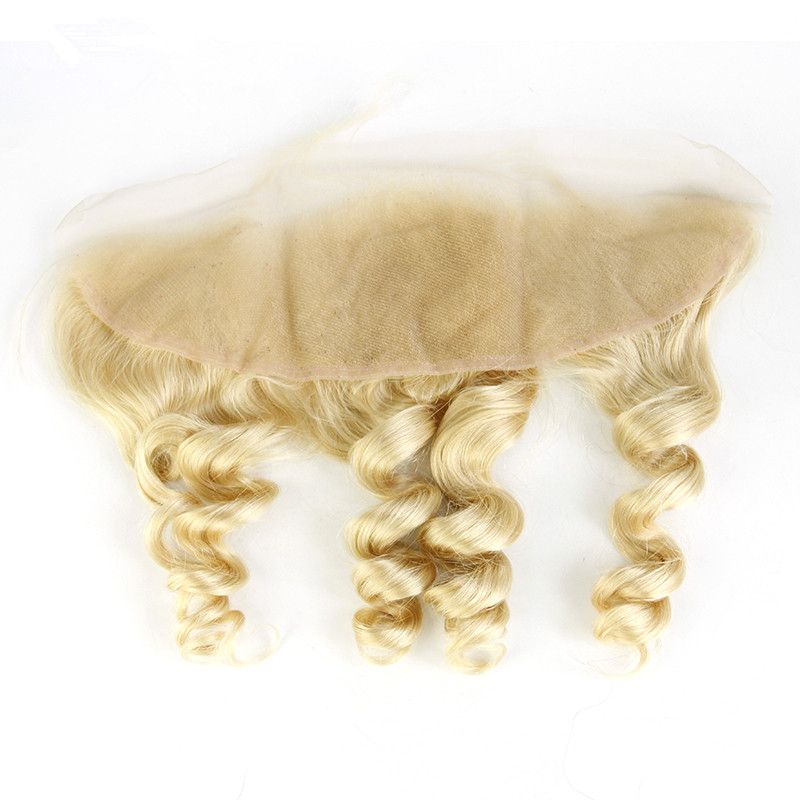 # 613 Blonde Loose Wave Ondulado Cabello humano peruano 3 paquetes con Frontal libre Medio 3 vías Parte 13x4 Encaje Frontal cierre con tejidos