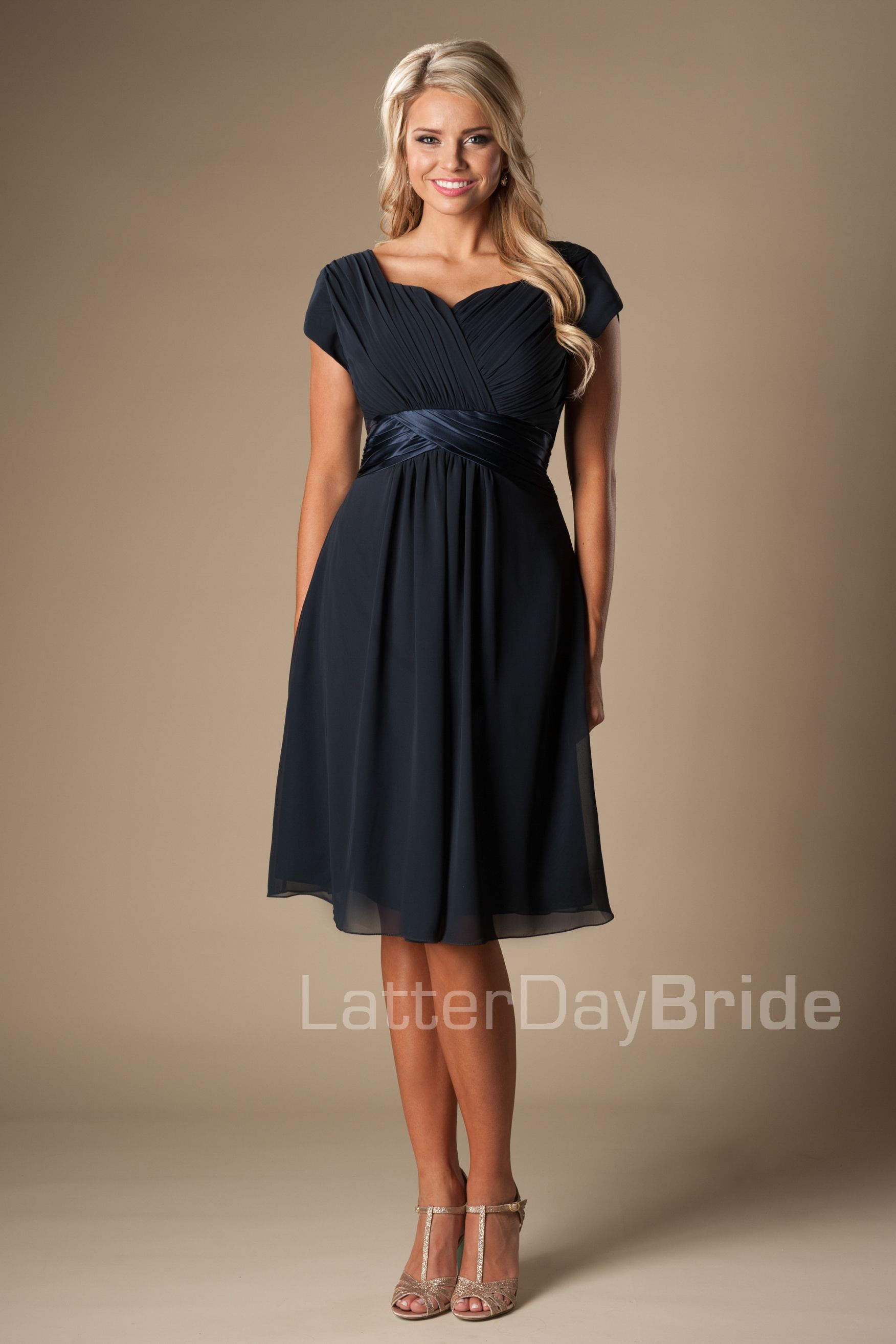 Navy Blue Short Modest Short Sleeves Bridesmaid Dresses Ruched Chiffon ...