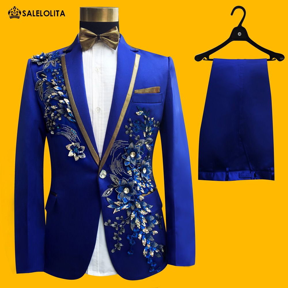 2019 Wholesale Wedding Groom Tuxedos Suit Men Fashion Blue Paillette
