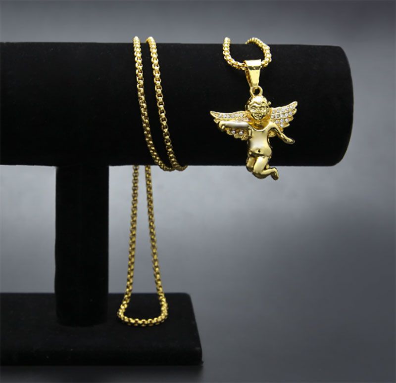 Whole Iced Out Micro Angel Pendant Necklace Gold Plated Zinc Whole Iced Out Micro Angel Pendant Necklace Gold Plated Zinc Alloy 24 Rope Chain Hip Hop Jewelry Charms Heart Necklaces From Yi4u