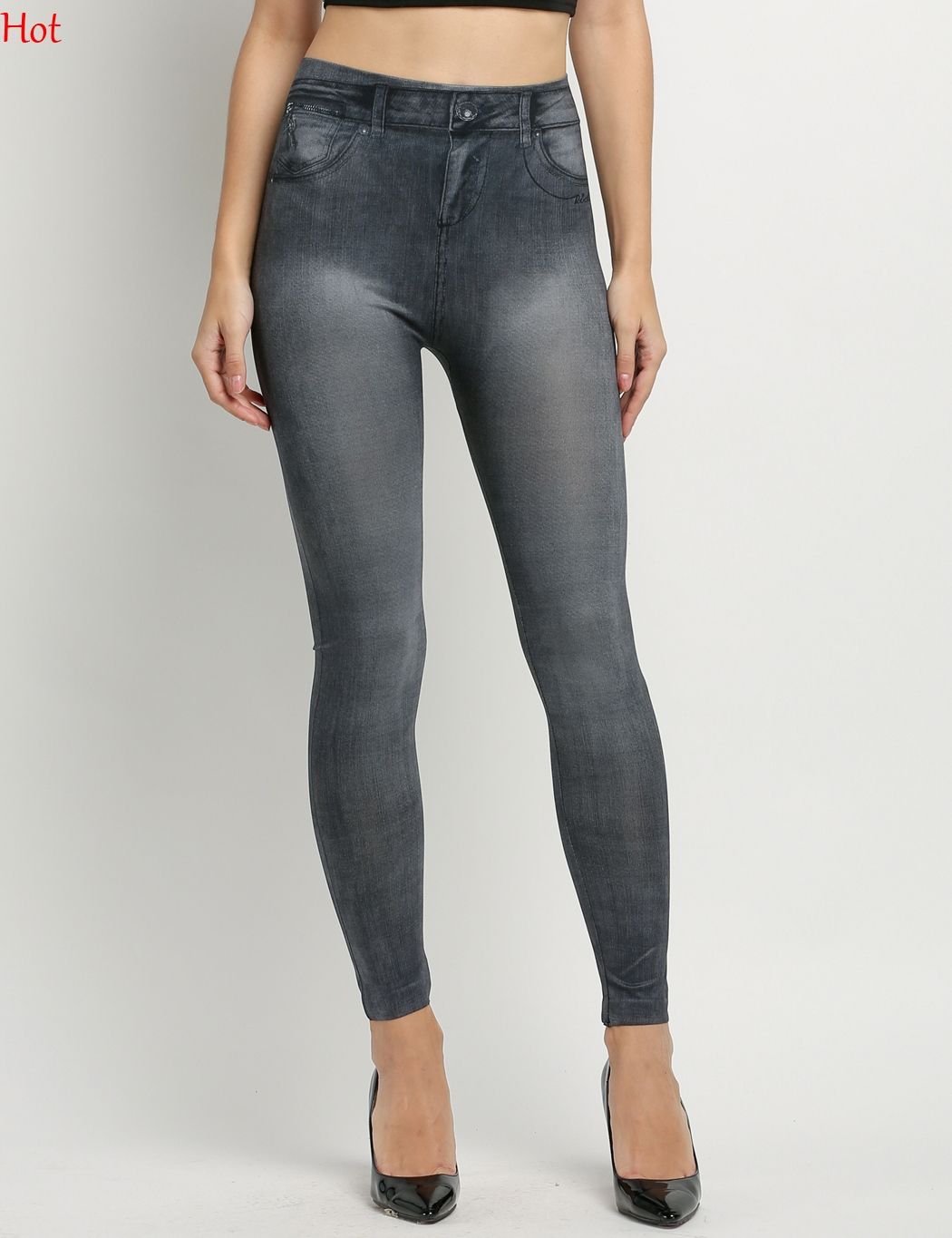 Fashion Slim Fitted Leggings Women Faux Denim Jeans Leggings Sexy Long