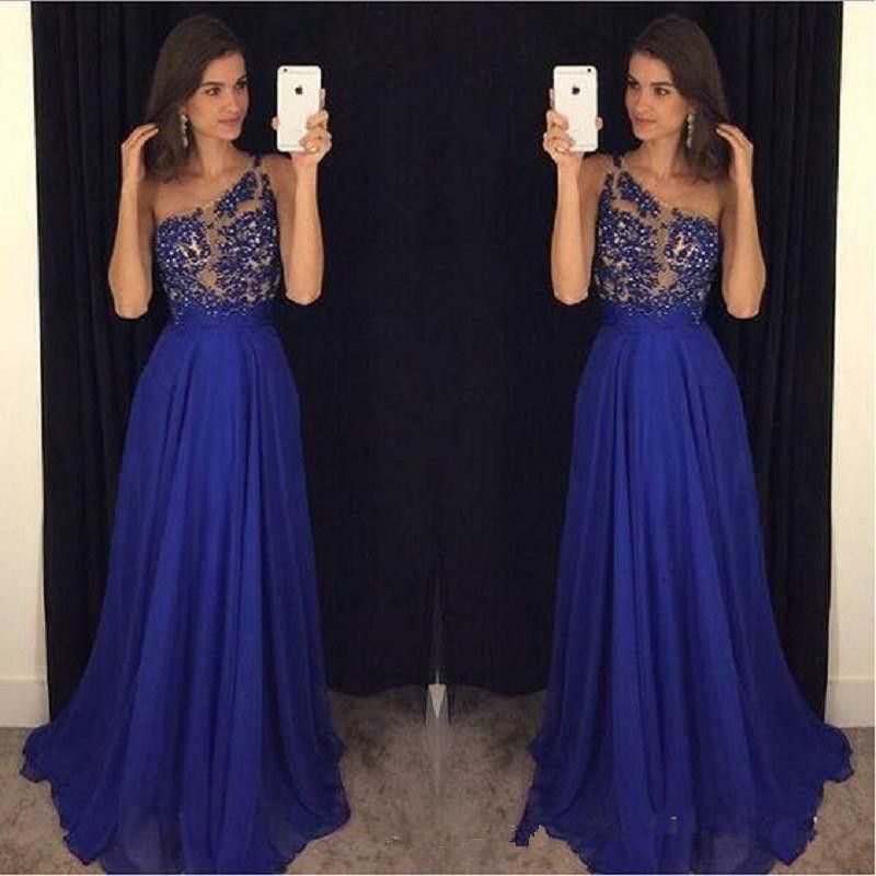 2017 Elegant Lace Royal Blue Prom Dresses With Applique Sequins Floor ...