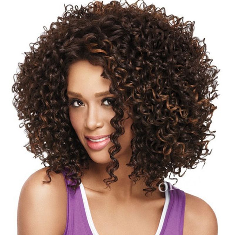 2019 Short Afro Kinky Curly Synthetic Wigs Brown Color For Black