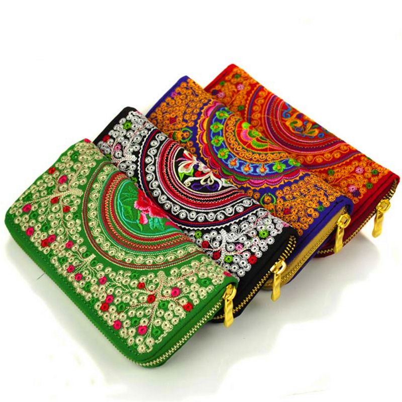 National Cotton Fabric Clutch Purses Handmade Vintage Double Sided Embroidered Women Long Wallet ...