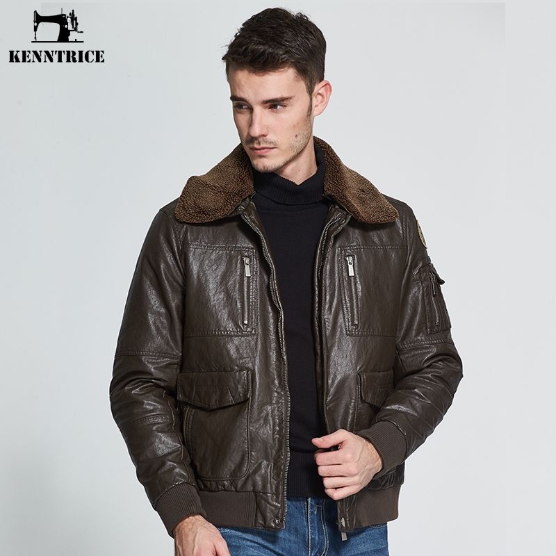 Whole Kenntrice Leather Jacket Men Brand S Pilot Jackets Winter Coat Faux Sheepskin Er Fur Collar Coats