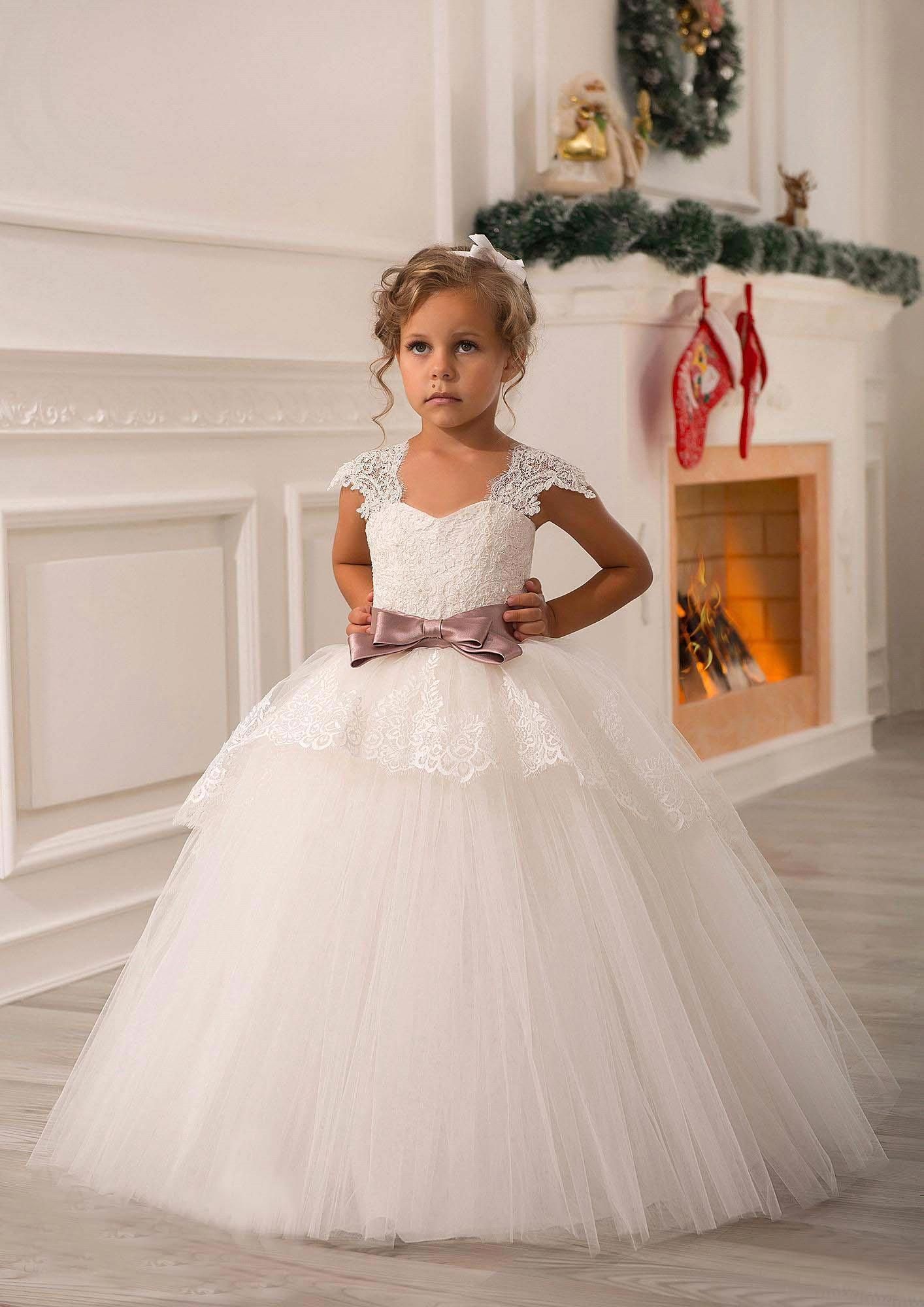 Ivory Lace Beaded 2019 Ball Gown  Flower Girl  Dresses  