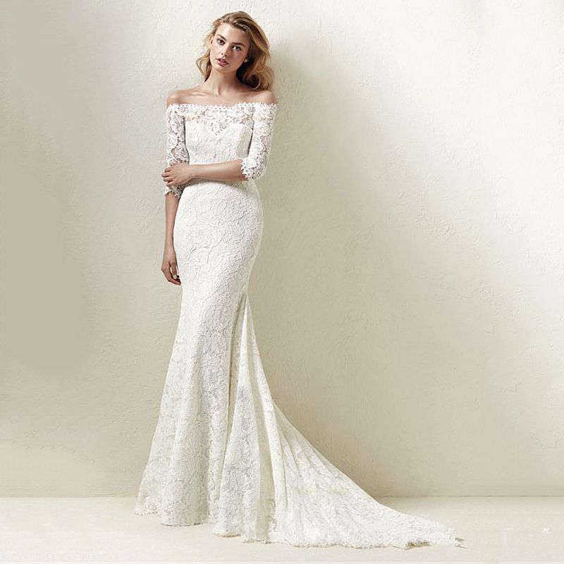 boat neck lace wedding dress