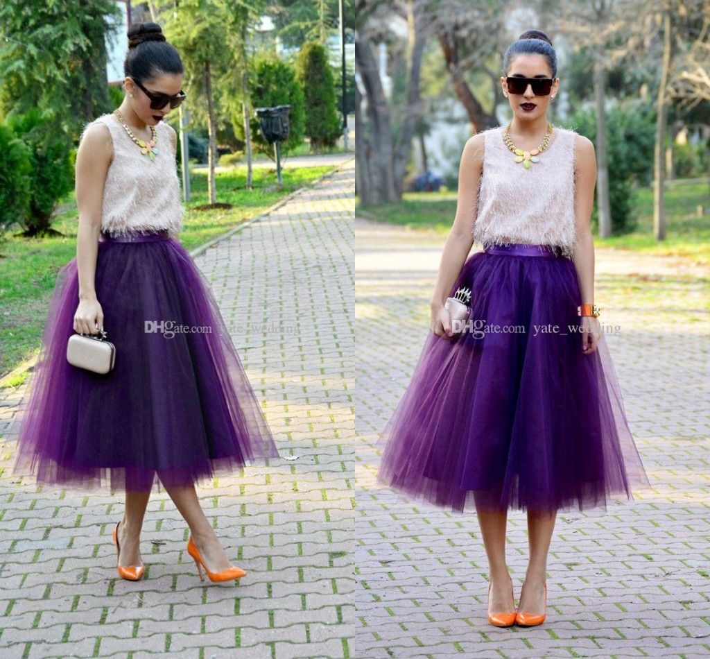 Online Cheap Fashion Regency Purple Tulle Skirts For Women Midi Length ...