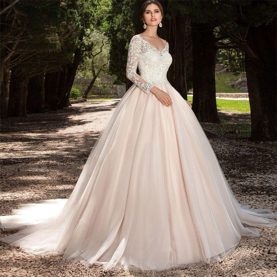 Discount Tulle Long  Sleeve  Blush  Color Wedding  Dress  V 