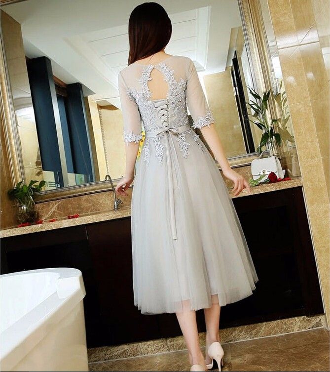 Tea Length Tull Lace Appliques Prom Dress 2017 Customized Fashion O