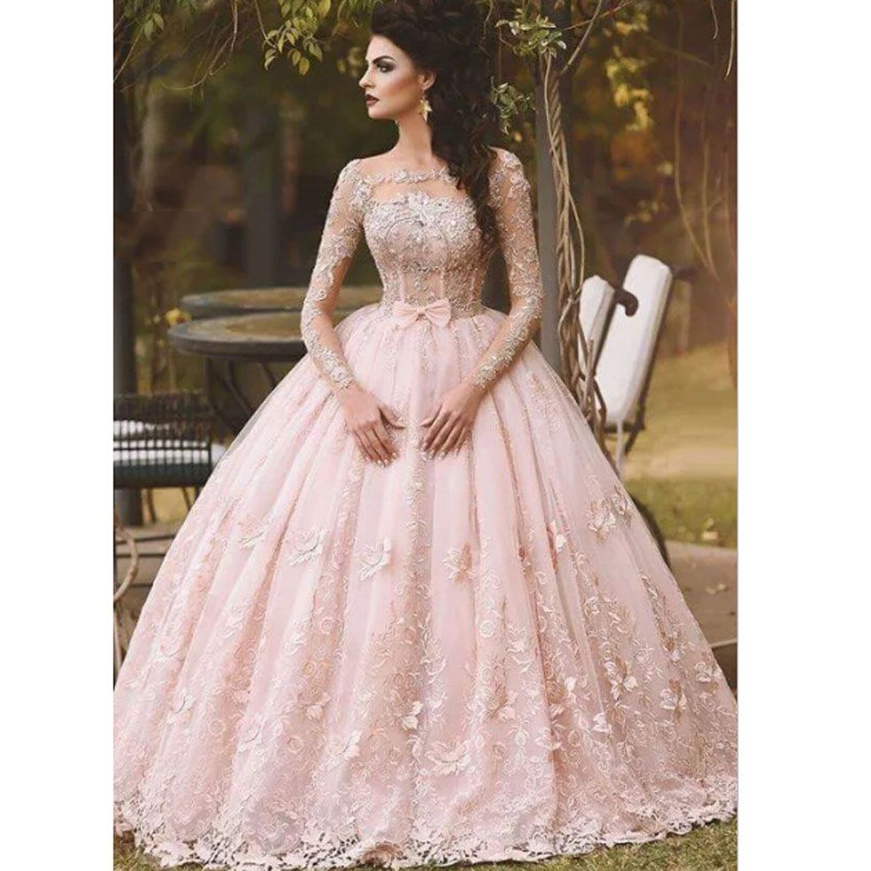  Pink  Long Sleeve  Prom Dresses  Ball Gown  Lace  Appliqued Bow 