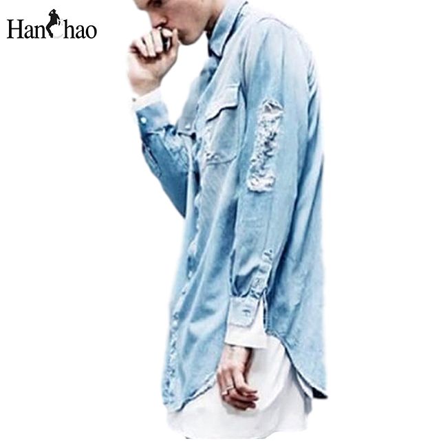 Wholesale Ripped Jeans Shirt Men 2017 Autumn Hi Fashion Front Short Back Long Curved Hem Denim Mens Shirts Hip Hop Wholesale Ripped Jeans Shirt Men 2017 Autumn Hi Fashion Front Short Back Long Curved Hem Denim Mens Shirts Hip Hop