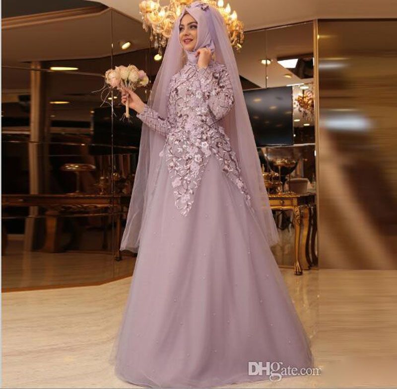 2017 Muslim Long Sleeves Hijab Prom Dresses High Neck 