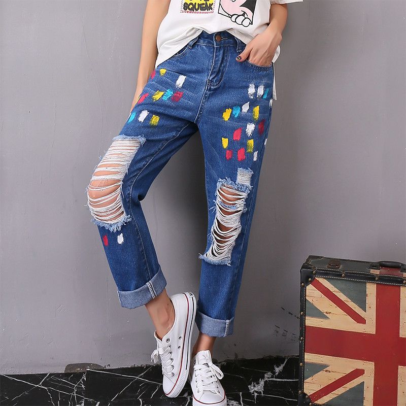 2017 Womens Hole Jeans Summer Trouses Female Denim Pants Loose Graffiti ...