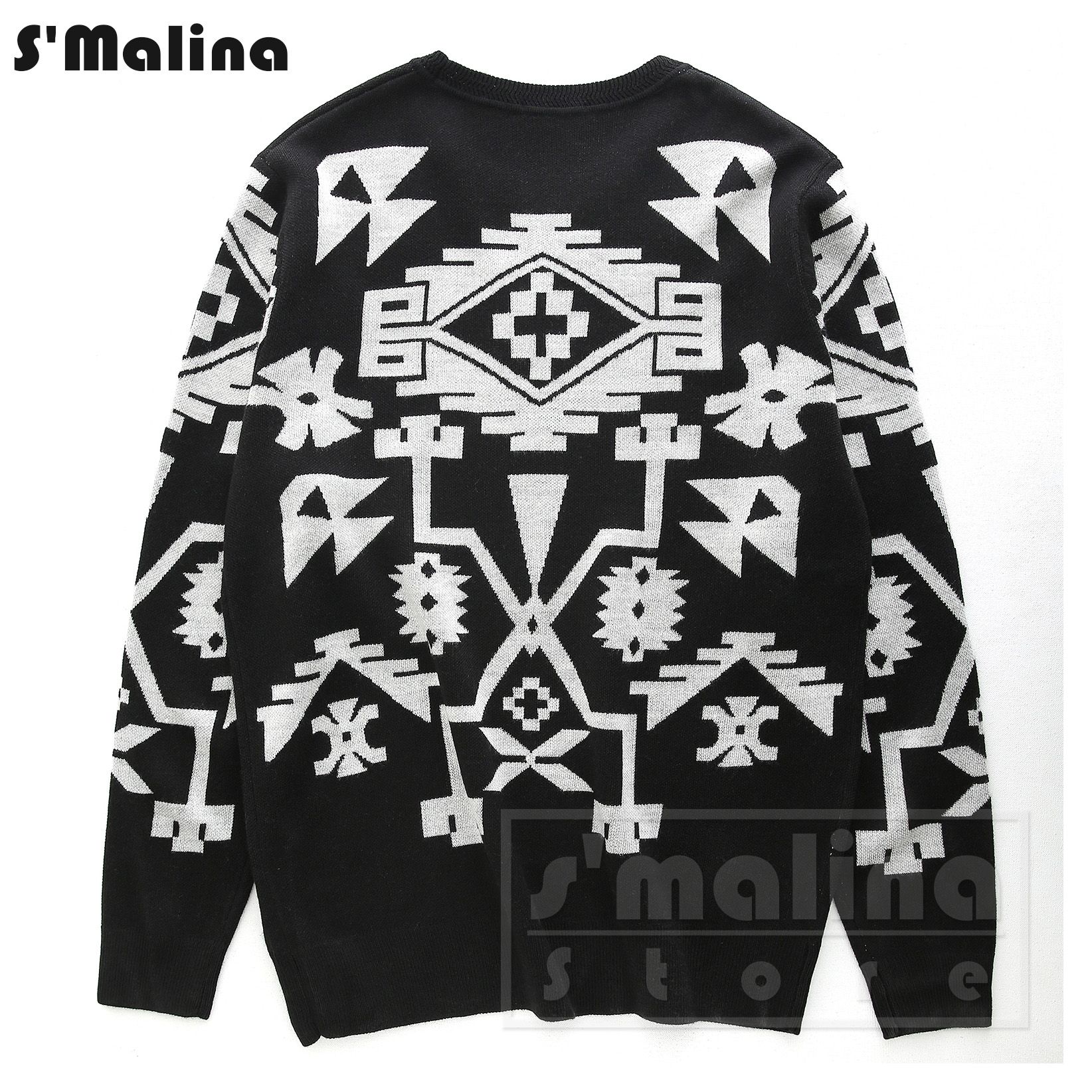 2019 Men'S Wool Sweater Black With White Geometric Patterns O Neck