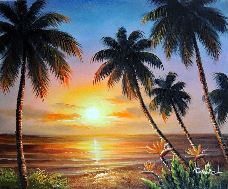 2018 Framed Hawaii Beach Sunset Palms Bird Of Paradise
