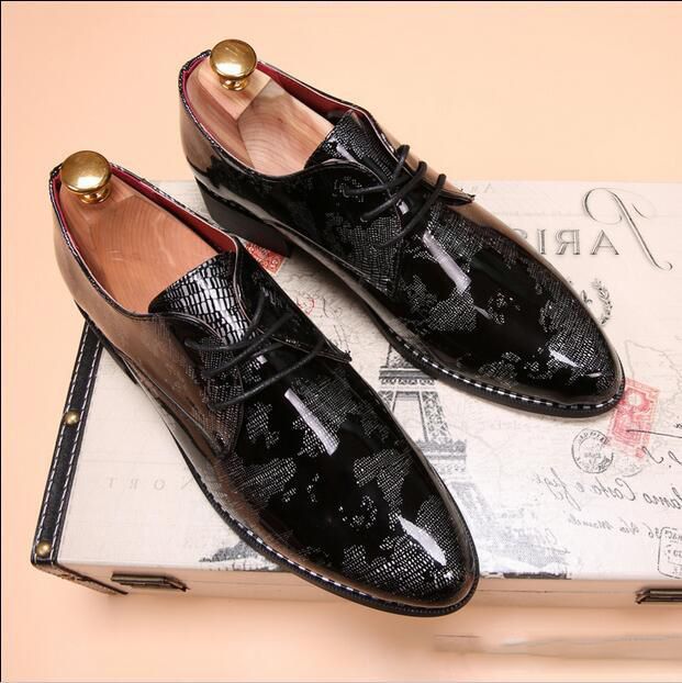 Men Black Dress Shoes Gold Shadow Patent Leather Luxury Fashion Groom