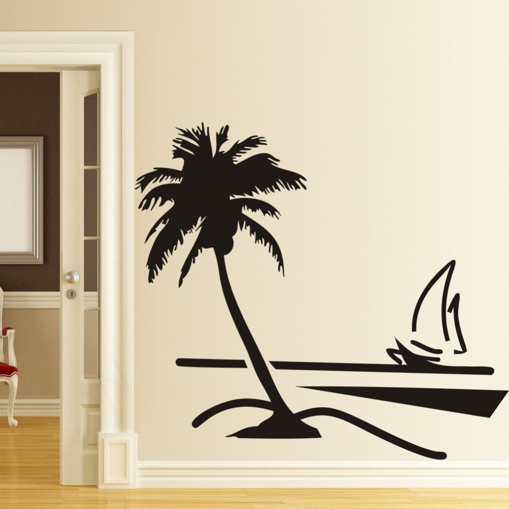 Beach Coconut Palm Tree Sailboat Wall Art Bathroom Glass Modern Mural Home Decor Large 3d Vinyl Decal Sticker