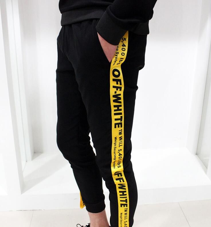 off white yellow letter side webbing men