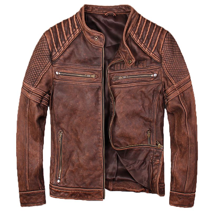 2018 Men Vintage Brown Genuine Leather Biker Jacket Real Thick Cowhide Slim Fit Short Motorcycle Free