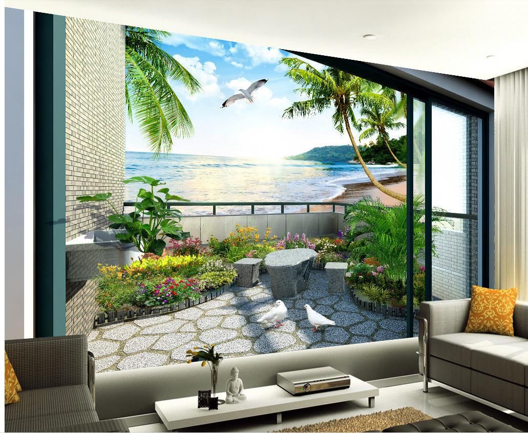 Balcony Garden Sea View Room 3d Stereo Tv Wall Mural 3d Wallpaper