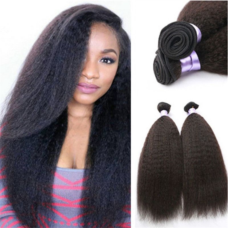 Malaysian Kinky Straight Hair Coarse Yaki Hair Wefts Natural Black Afro Kinky Straight Weave