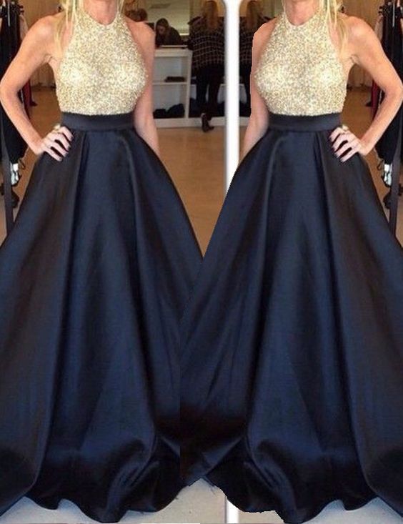 navy blue with gold prom dress