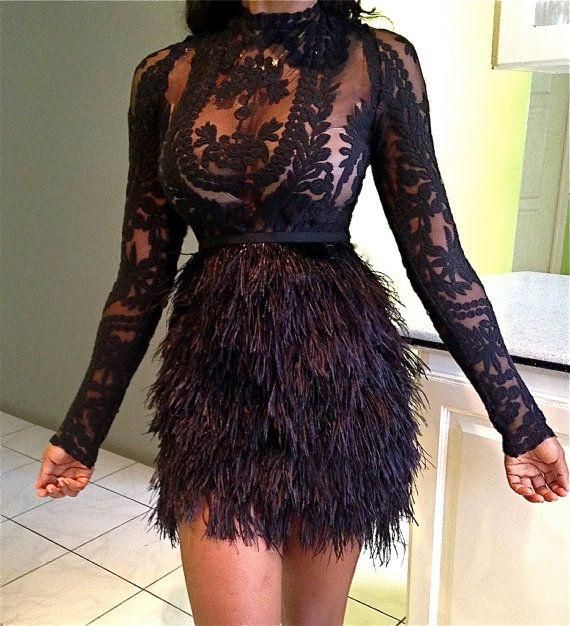 black cocktail dress with feathers