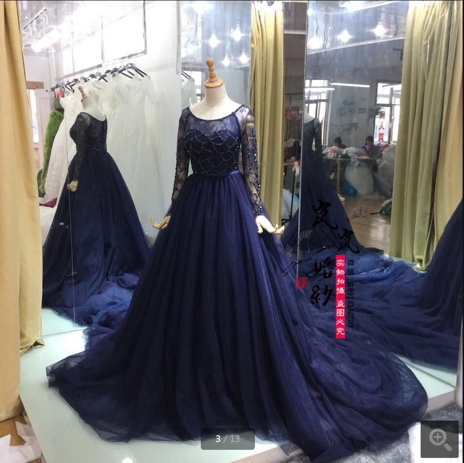 Real Navy Blue  Wedding  Dresses  2019 Fashion Ball Gown  Long 