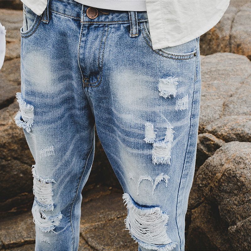 Fashion Men Slim Fit Ripped Jeans Streetwear Mens Distressed Denim ...