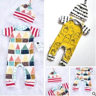 2019 Baby Clothes Little House Printed Cotton Boys Romper Hat 2019 Baby Clothes Little House Printed Cotton Boys Romper Hat