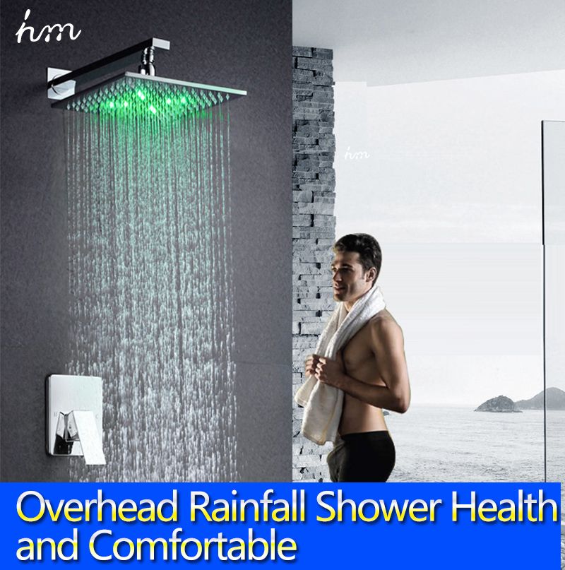 10 inches square brass led showerhead temperature control color changing hydropower in wall led rain shower set 10 inches square brass led showerhead temperature control color changing hydropower in wall led rain shower set