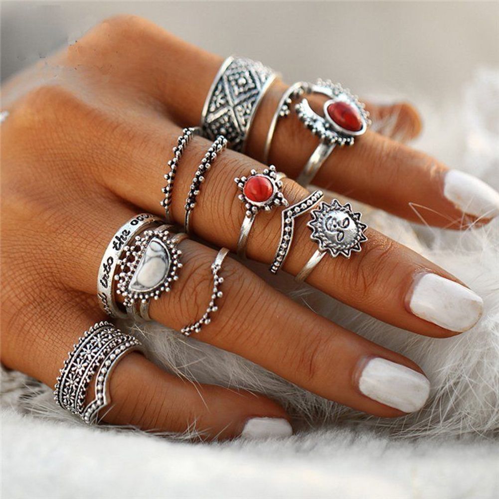 2021 Bohemia Style Engraving Flower/Red Stone Knuckel Rings Women Boho