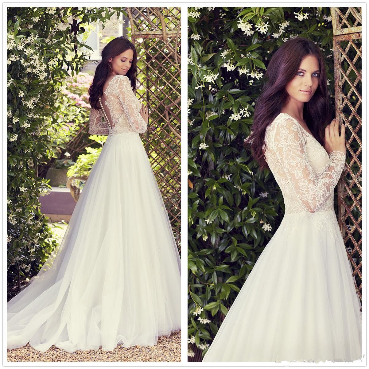 Western Country Style Lace Wedding Dresses Sheer Crew Long Sleeves A