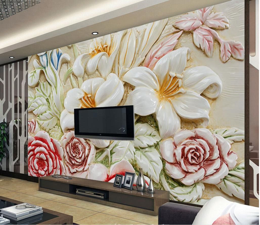 Photo Customize Size 3d European Embossed Flower Tv Wall Mural 3d