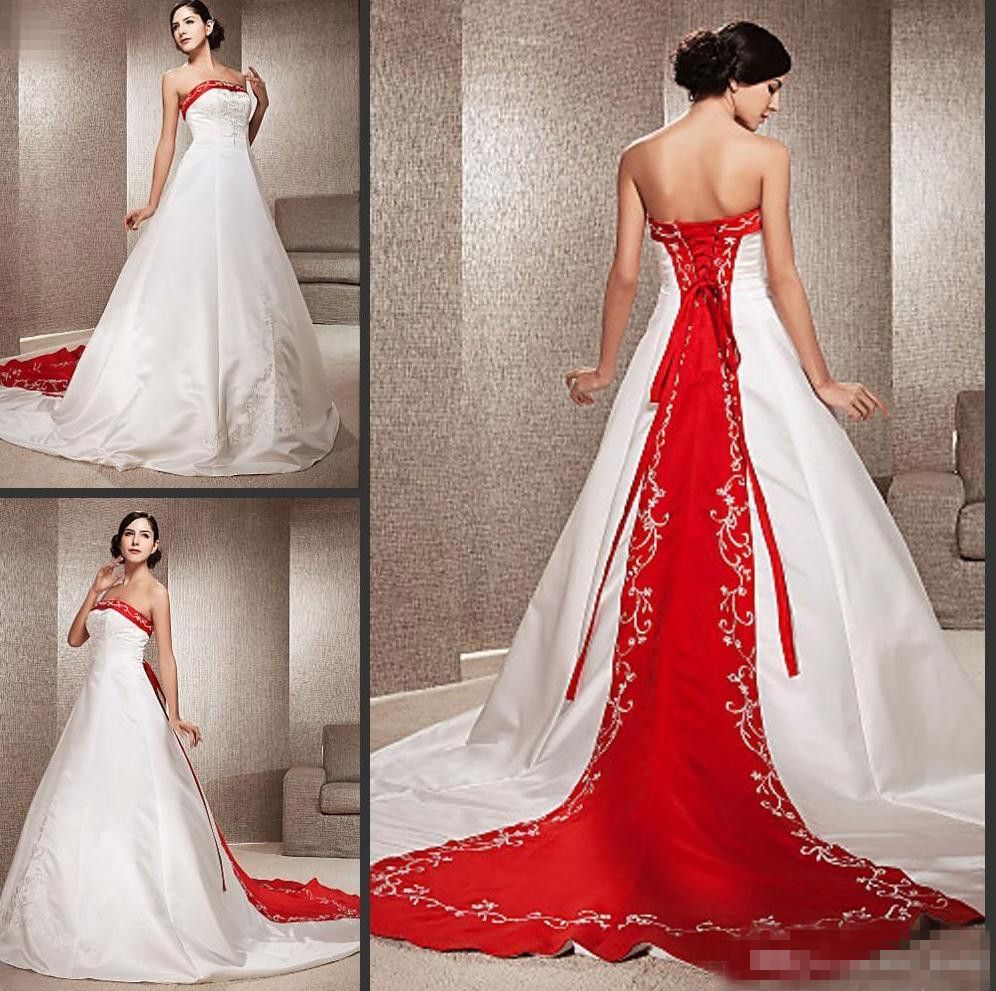 Discount Vintage White And Red Wedding Dresses A Line Chapel Train