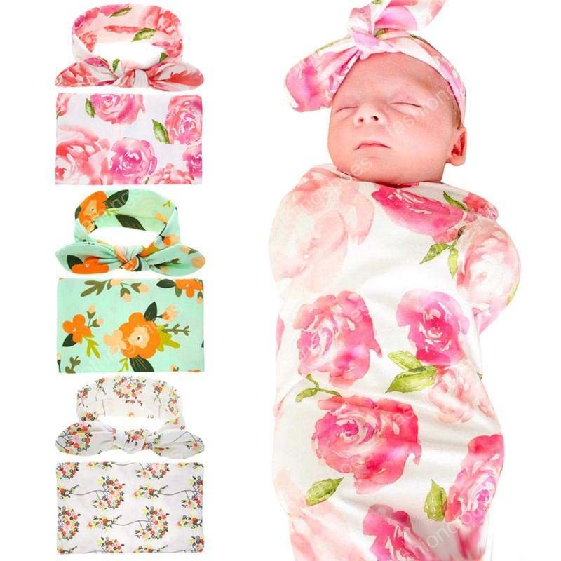 New Borns Baby Flower Swaddling Clothes Set Rabbit Ears Bow Headband