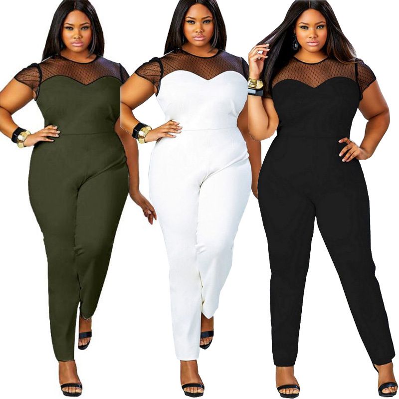 2017 The Fat Woman Jumpsuits Women'S Net Cloth Stitching Sexy Plus Size ...