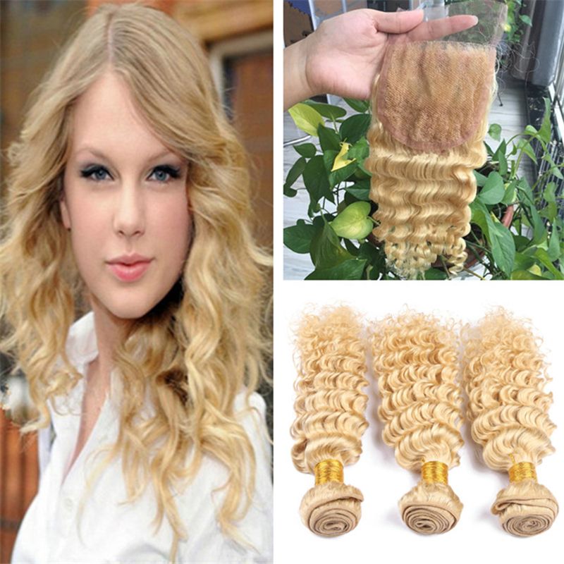 2019 8a Brazilian Blonde Curly Hair Bundles With Lace Closure 613