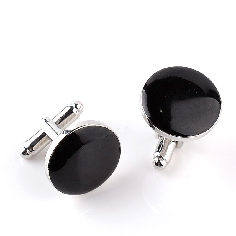 Luxury Silver Cufflinks Black Round Style Cheap French Shirt Cuff